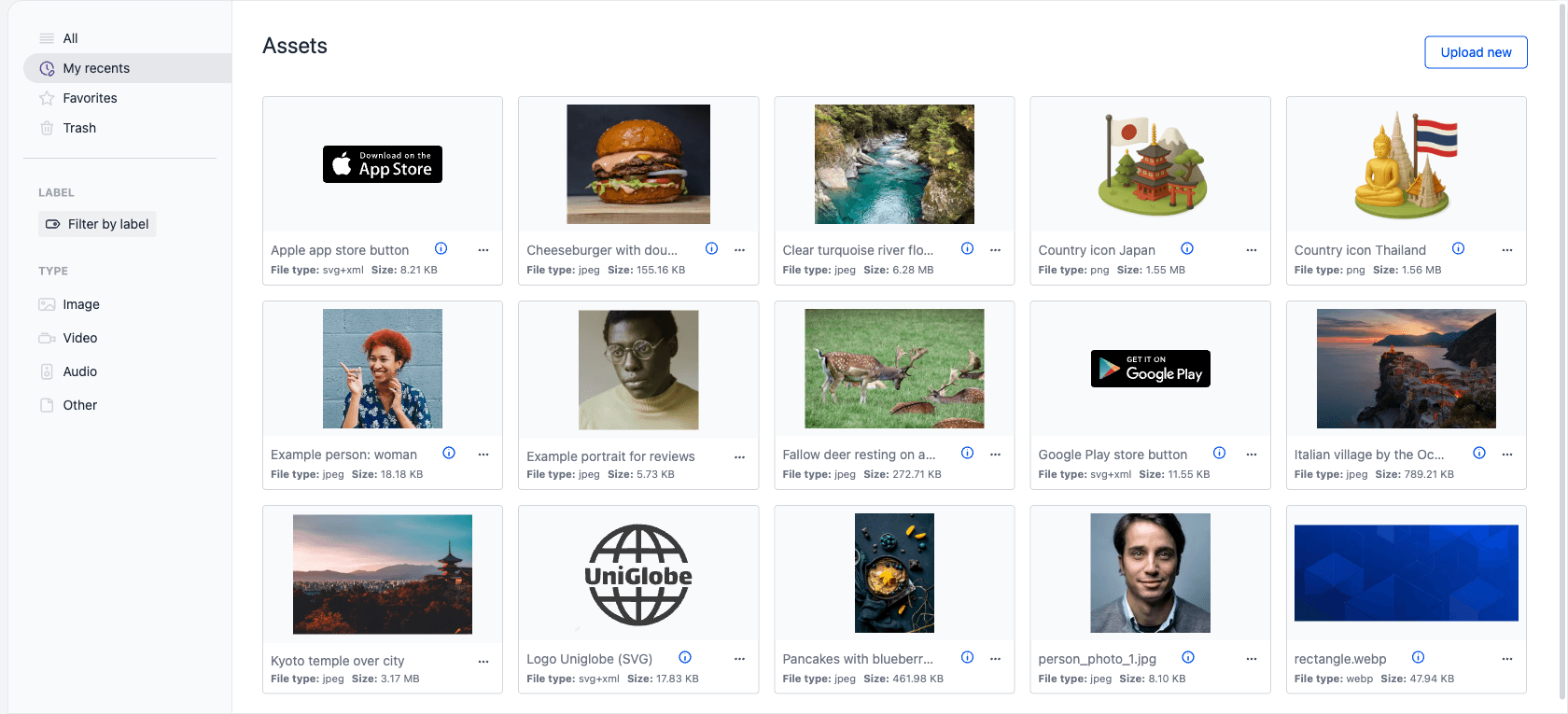 The asset library sidebar with the My recents view selected, displaying a grid of recently used assets.