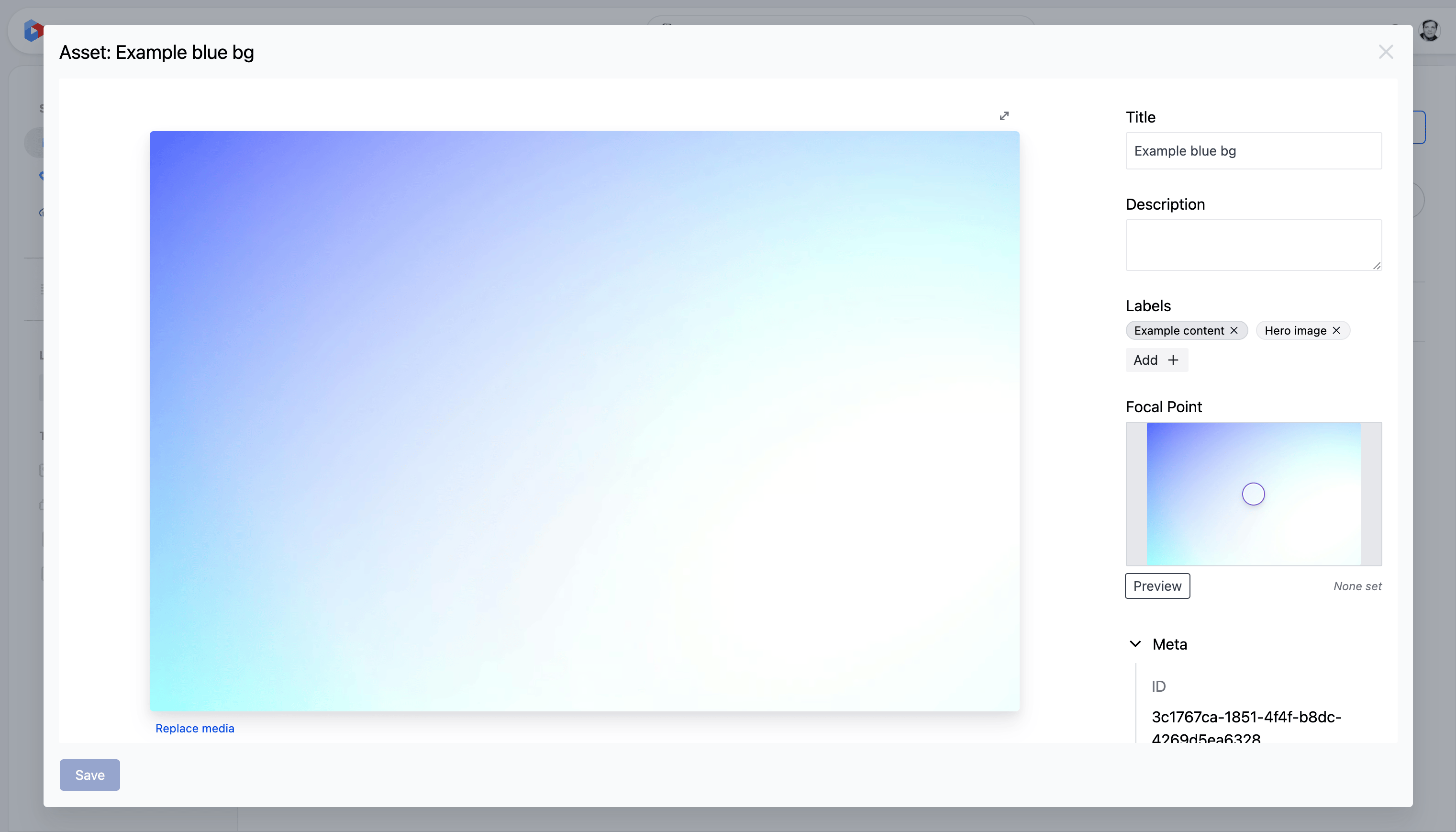 The asset editor with the preview pane on the left and the properties panel on the right.