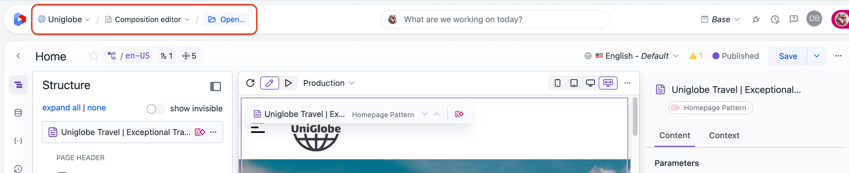 The composition editor top navigation bar with the Open option used to switch to a different composition.