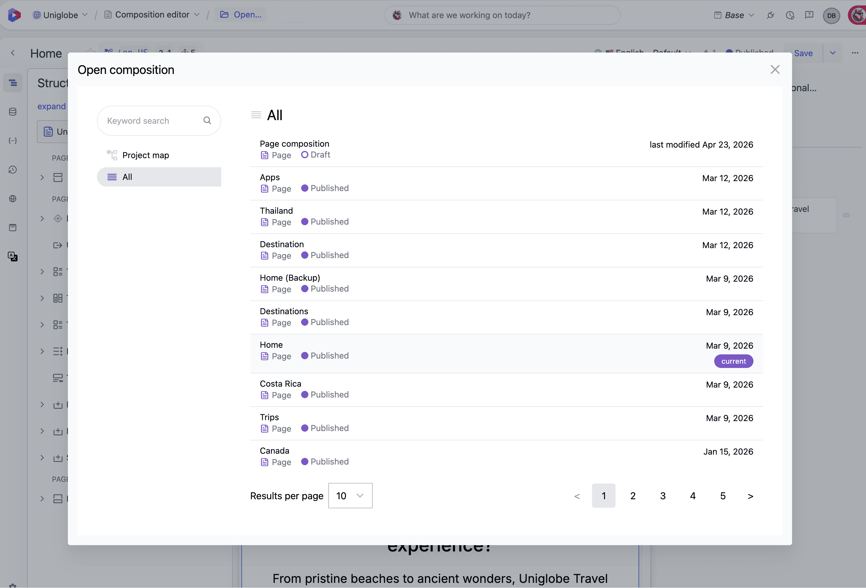 The Open composition modal with a keyword search and Project map and All views in the sidebar, listing compositions with their type, publish status, and last modified date.