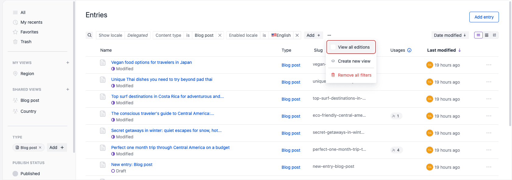 The More menu open on the entries search and filter bar, with the View all editions option outlined in red.