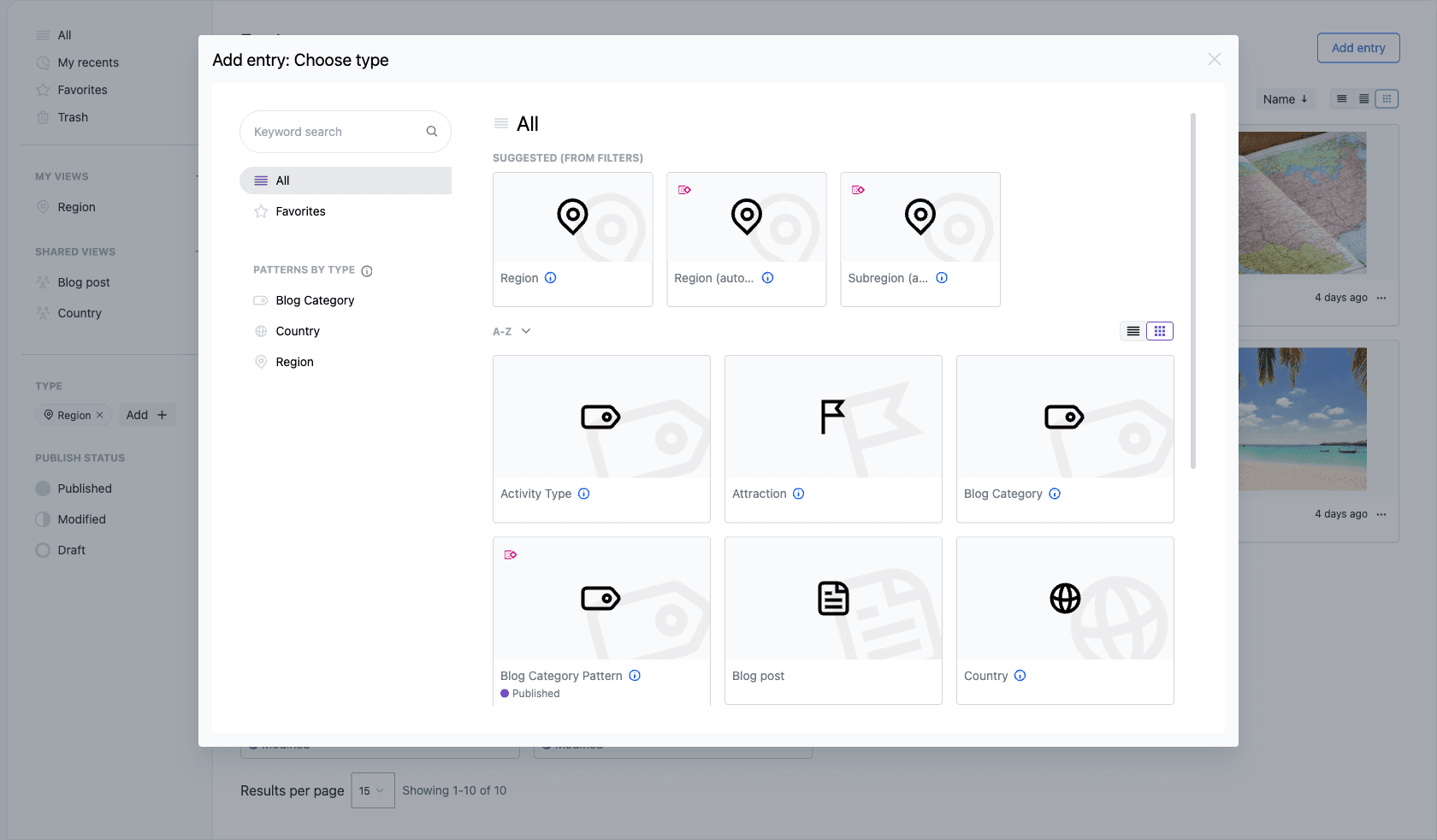 The Add entry: Choose type modal over the entries list, with a keyword search field, All and Favorites, and a Patterns By Type filter in the sidebar, and a Suggested (From Filters) section above an A-Z grid of content type and entry pattern cards.