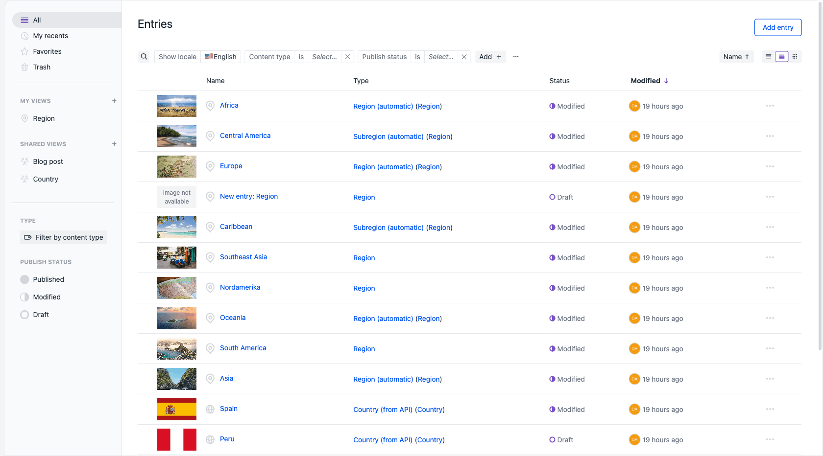 The Entries listing in large list view, showing the search and filter bar with Show locale, Content type, and Publish status conditions above the results.