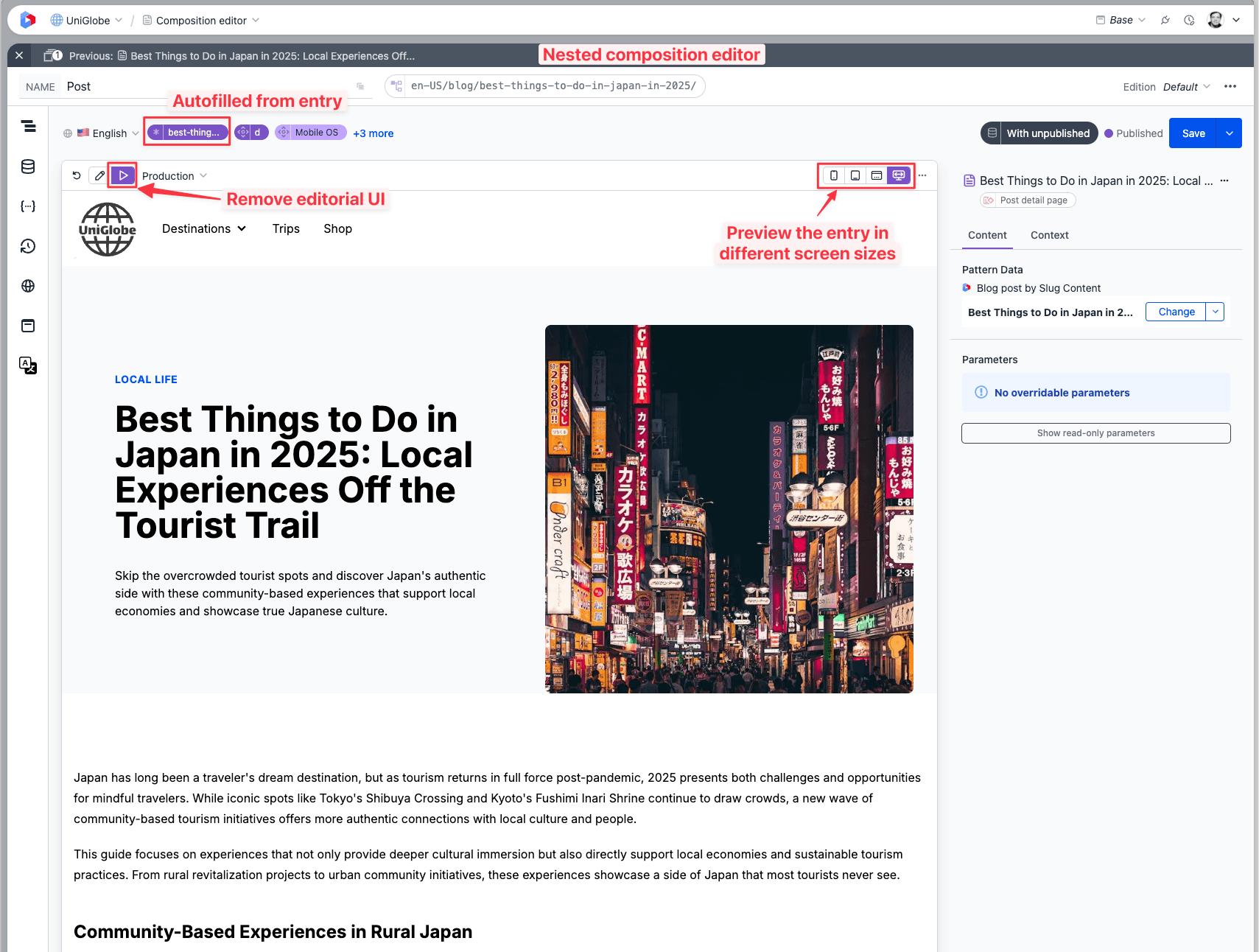 The entry preview in the detail page composition with the preview mode enabled.