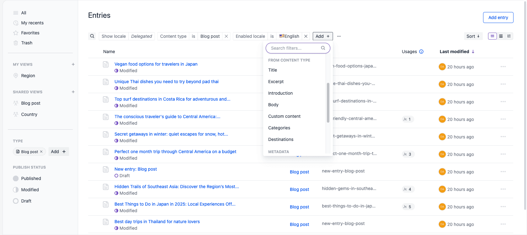 The Add filter menu open on the Entries listing, scrolled to the From content type group, which lists the content type's own fields such as Title, Excerpt, Introduction, and Body.