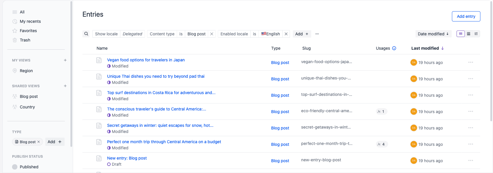The Entries listing filtered by a Content type is Blog post condition and an Enabled locale is English condition, with Show locale showing Delegated.