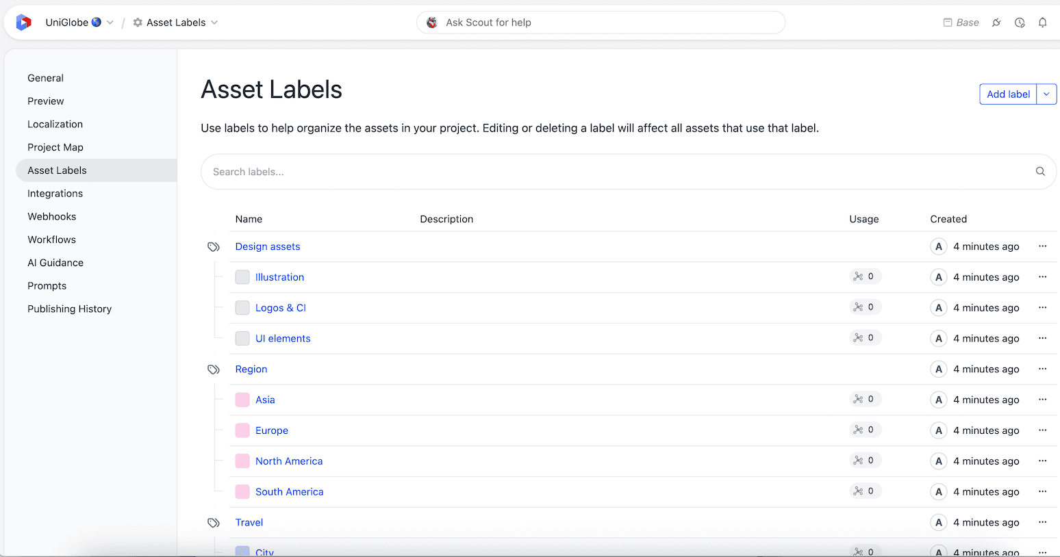 Asset Labels page in the Settings showing available labels of a project