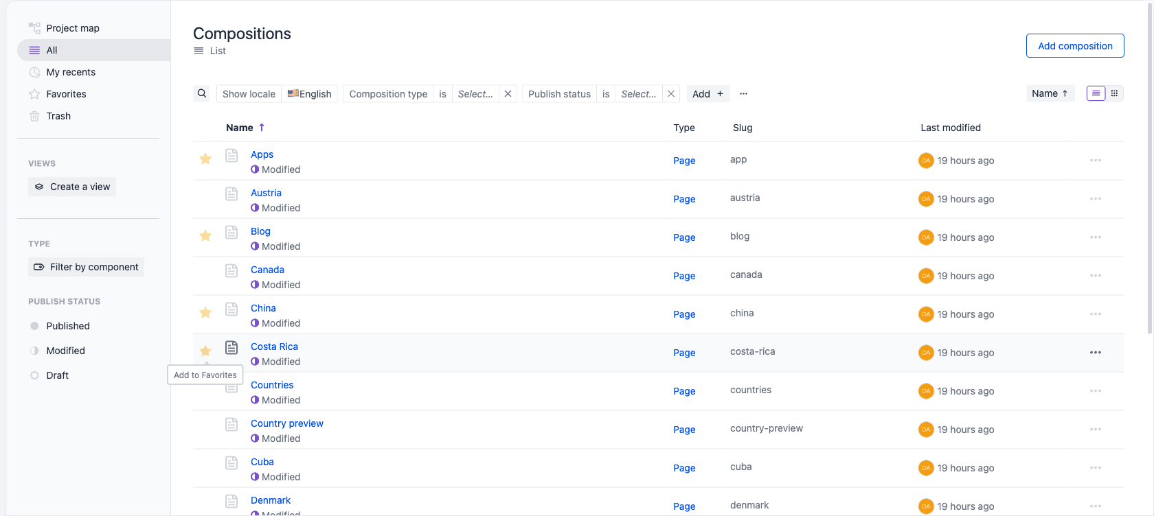 The Compositions listing in list view with a star at the start of each row for favoriting items.