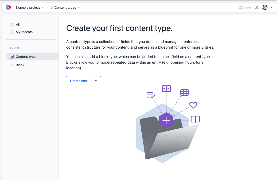 Content Types view with Create new or Add content type menu (Content type and Block type options).