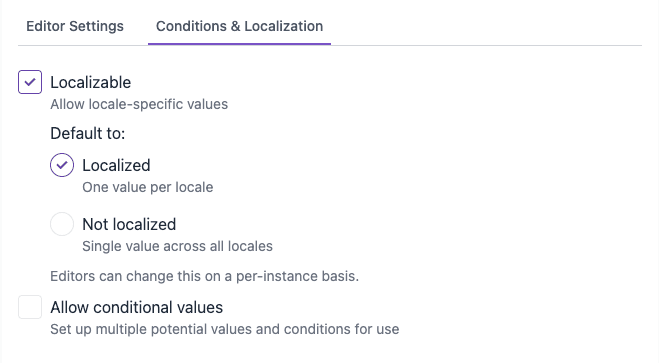 Parameter configuration showing Conditions & Localization tab with Localizable and Allow conditional values