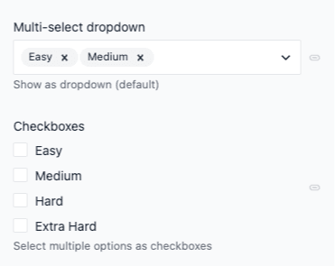 Multi-select dropdown with selected pills and checkboxes list for multiple options.