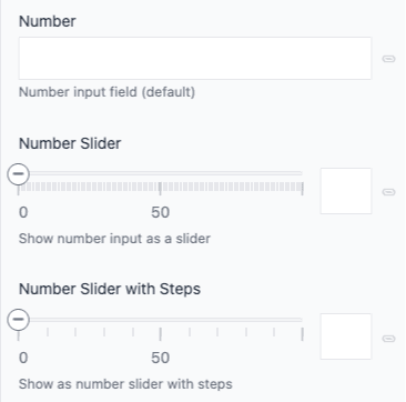 Number input field, number slider with 0–50 range, and number slider with discrete steps.