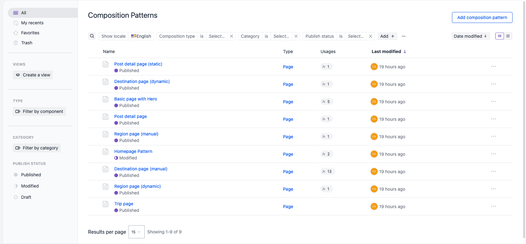 The Composition patterns view in list view, listing all composition patterns of a project.