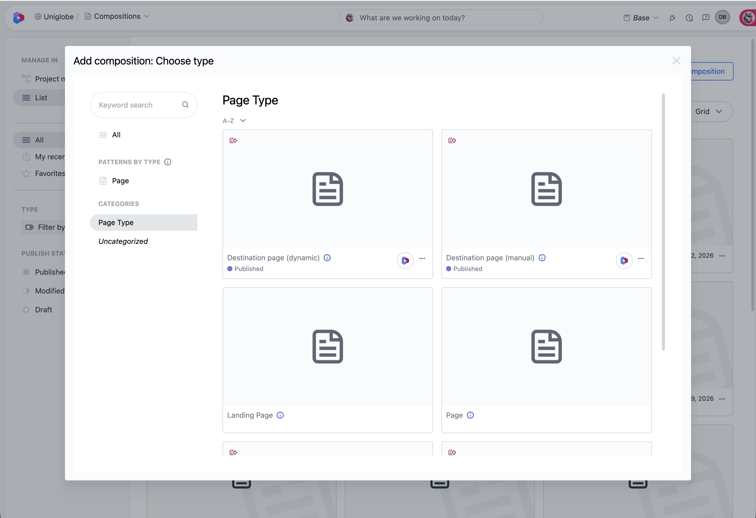 The Add composition modal showing a grid of composition type and pattern cards with their publish status.