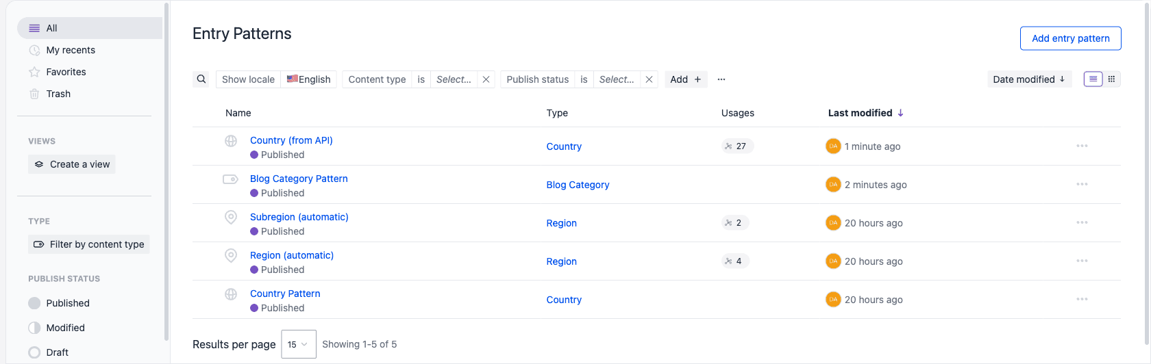 The Entry Patterns view in list view, listing all entry patterns of a project.