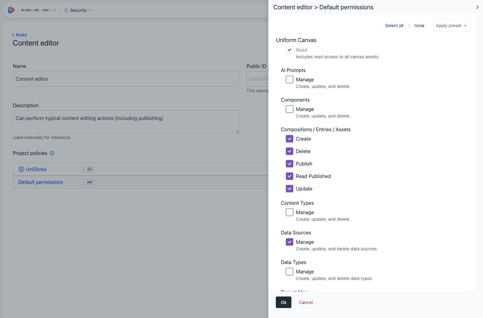 Manage default permissions for a role