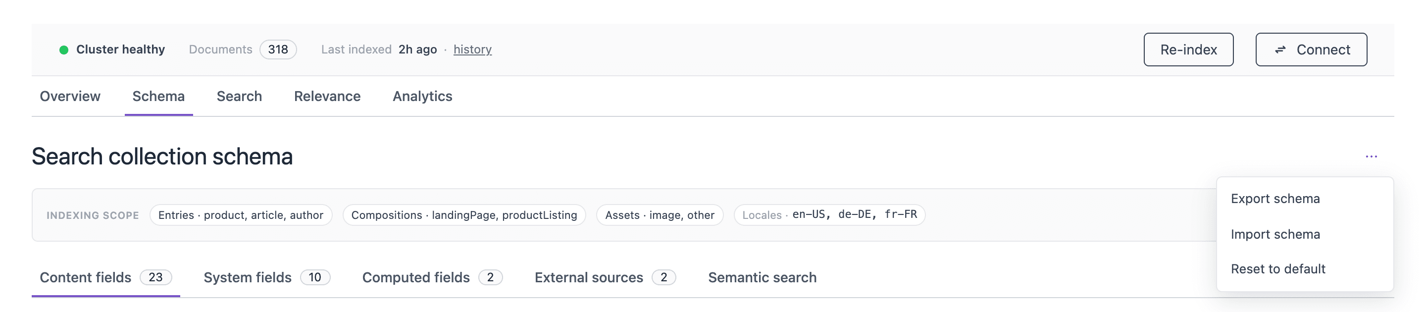 The Schema tab of the Uniform Search tool with the kebab menu at the top right open, showing Export schema, Import schema and Reset to default.