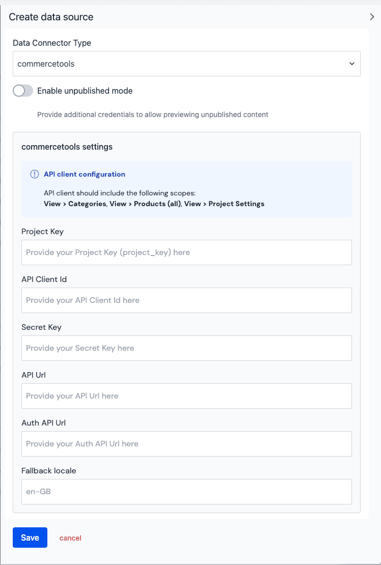 Data source editor for the commercetools integration.