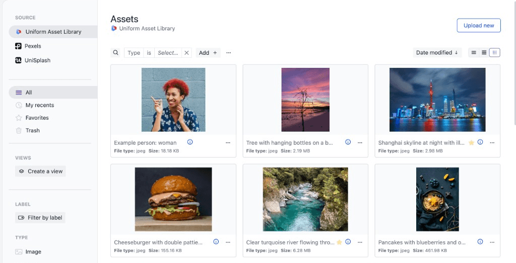 The Uniform asset library in grid view, with Uniform Asset Library, Pexels, and Unsplash listed as sources in the sidebar.