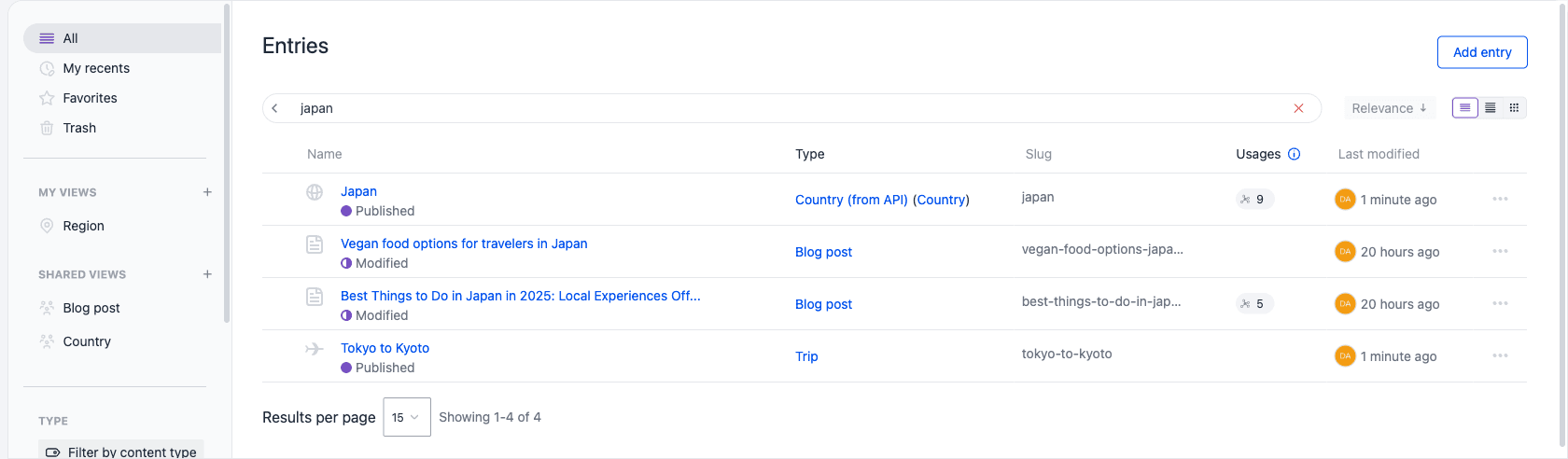 The Entries listing with the keyword search field expanded over the filter pills, a close control at the end of the field, and the sort button showing Relevance.