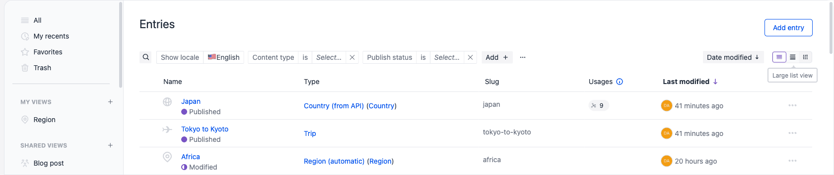 The view selector on the right of the search and filter bar with the middle segment hovered, showing a Large list view tooltip.