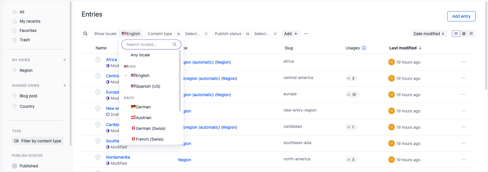 The Show locale dropdown open on the entries listing, with a locale search field, an Any locale option, and locales grouped under headings.
