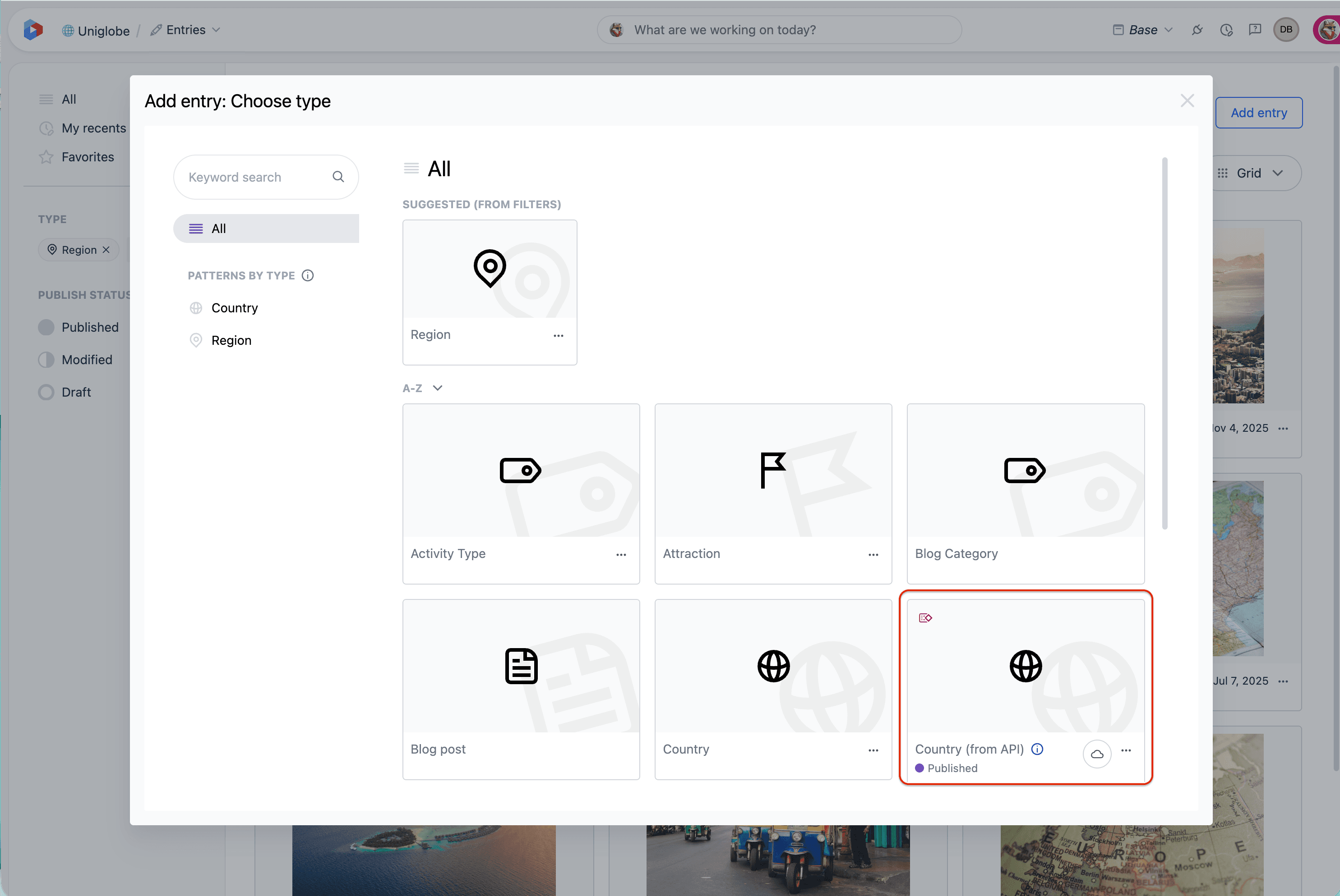 The Add entry: Choose type modal with entry pattern cards showing a pattern icon and publish status.